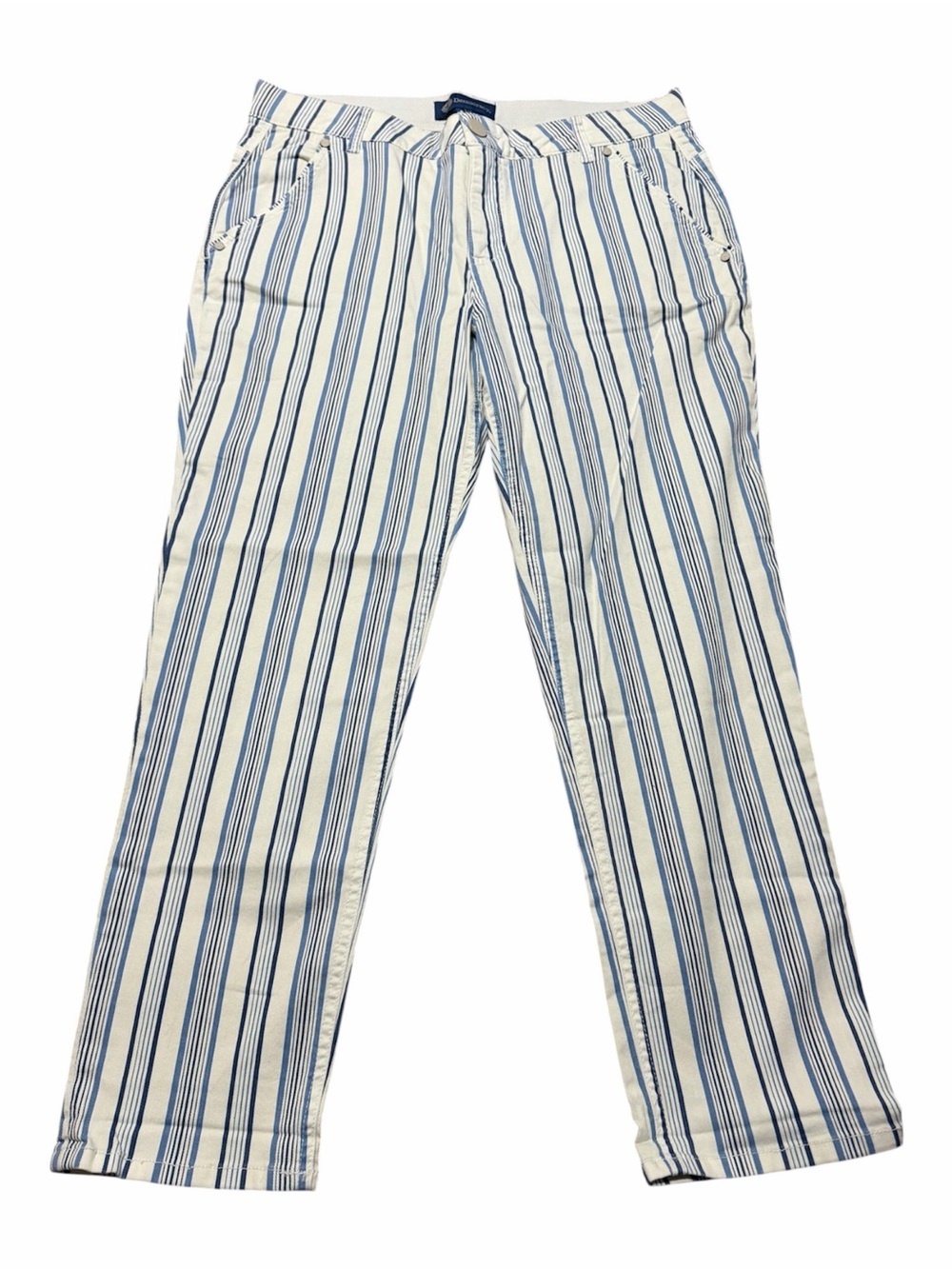 Democracy Blue White Vertical-Stripe Pants Slimming Size 12 Costal Nautical Work